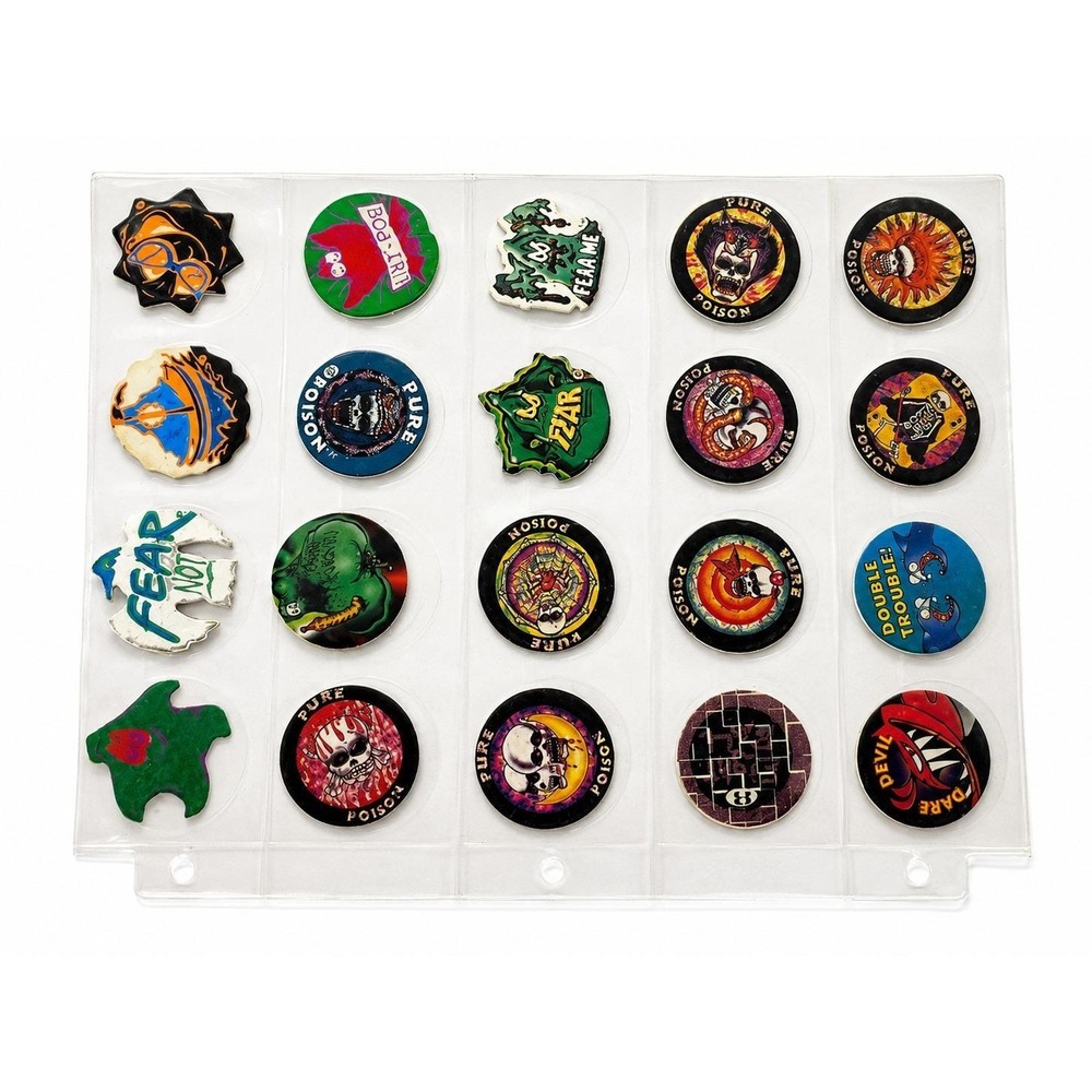 Vintage 1990s POG Slammers Lot of 20 Pure Poison Skull Monster Shaped Pog Caps